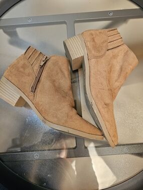 American Rag Women's Suede Ankle Boots in Tan - Side Zip Low Heel